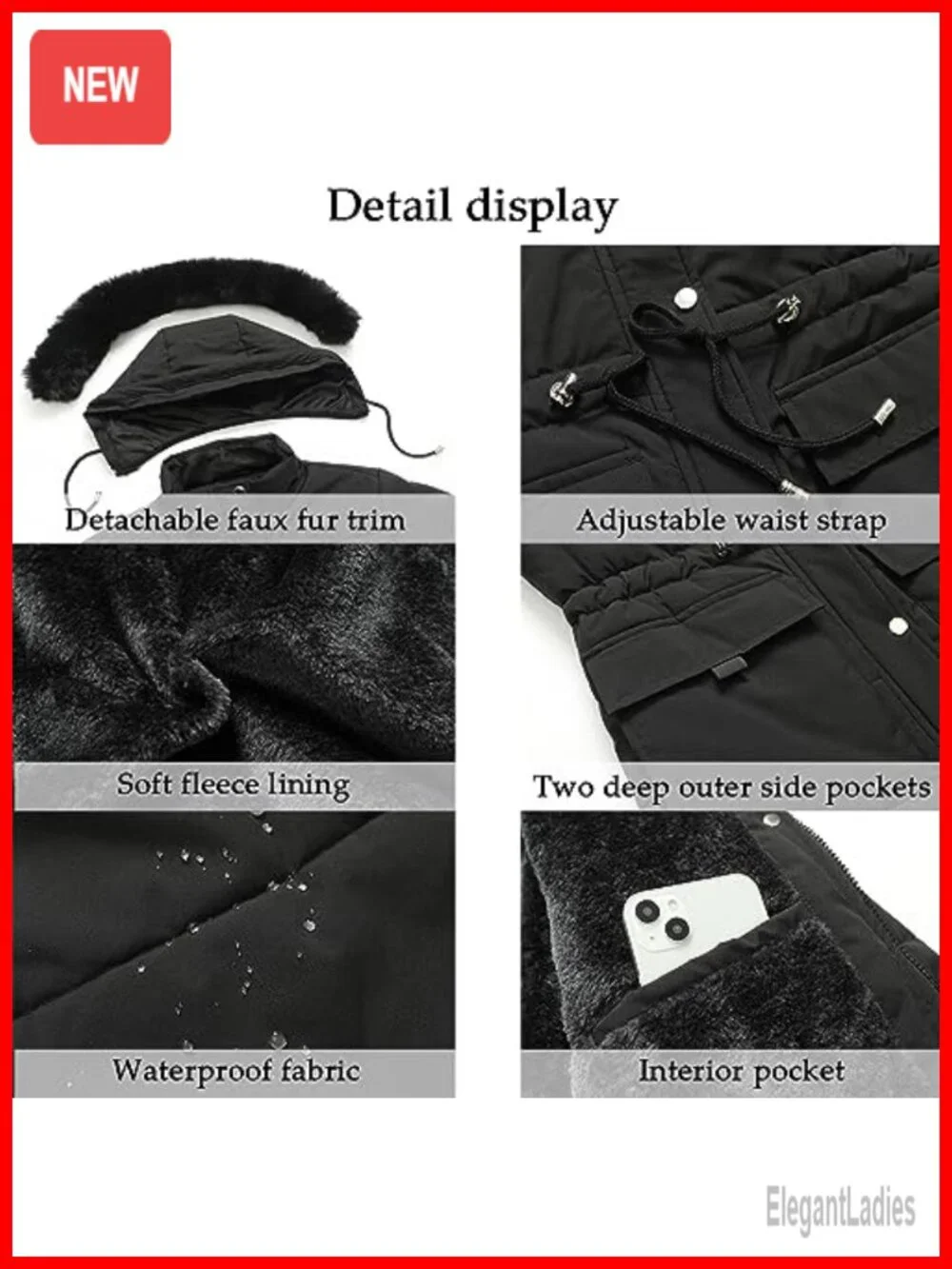 Women's Warm Winter Puffer Coat Fleece Lined Detachable Faux Fur Hood Snow Parka